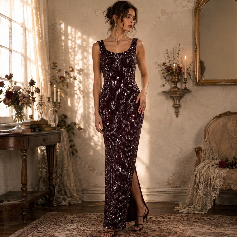 Jump Apparel Co Vintage 90s Burgundy Glitter Maxi Dress 7 Y2K Whimsigoth Sparkly